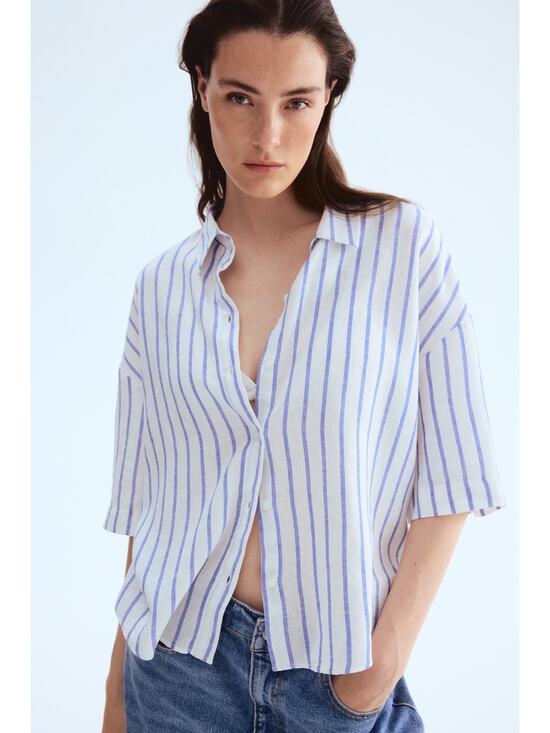 H&M Tops - H&M Linen Blend Shirt top size medium blue white stripe NWT